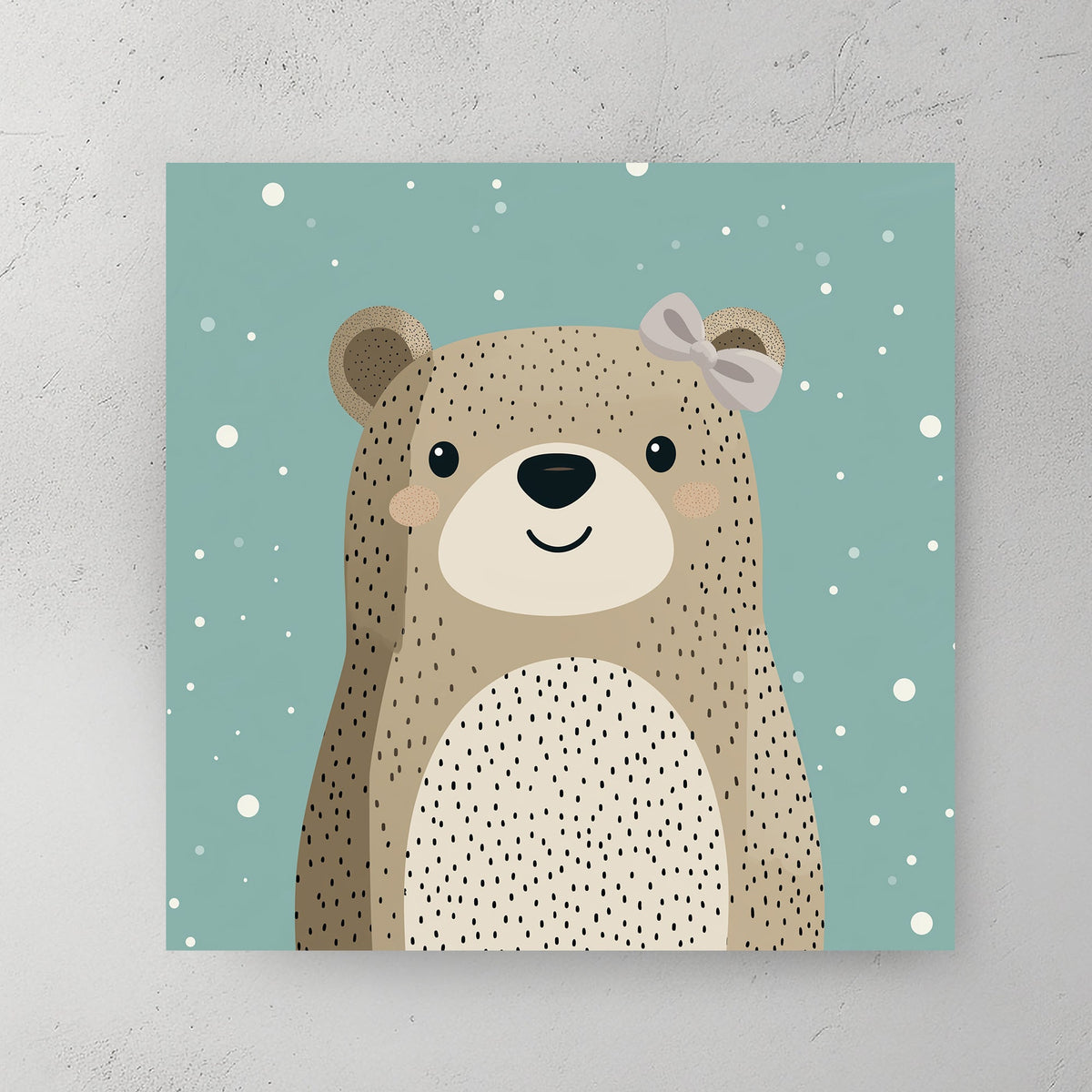 cute bear wall art with bow on teal snowy background