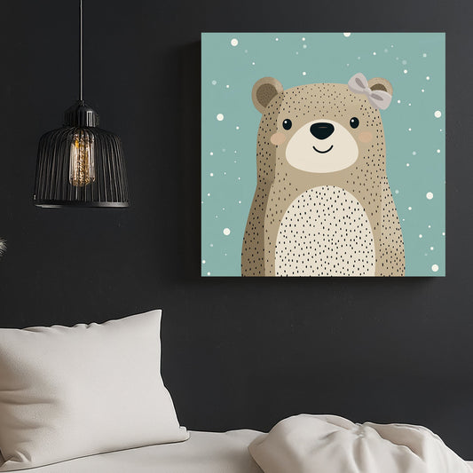 cute bear wall art with bow on teal snowy background