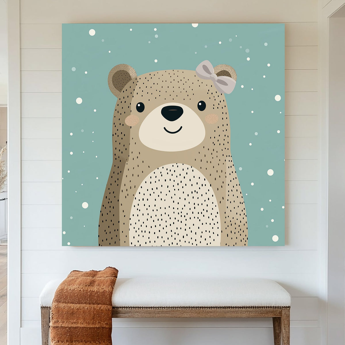 cute bear wall art with bow on teal snowy background
