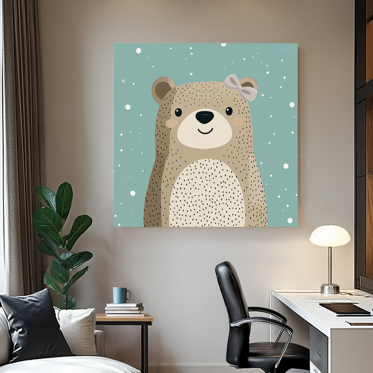 cute bear wall art with bow on teal snowy background