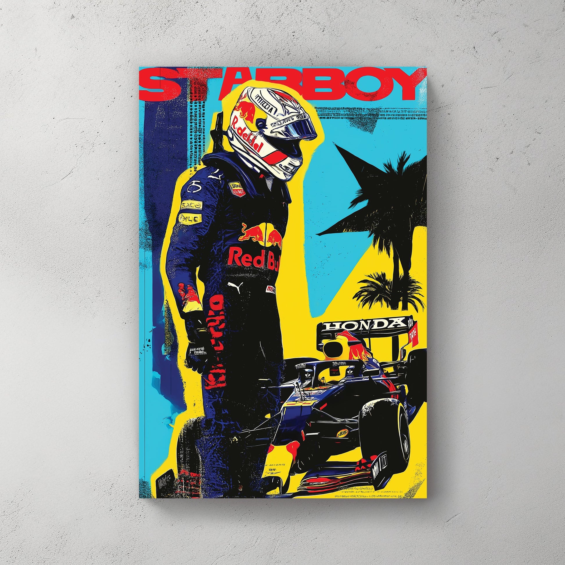 Max Verstappen pop art racing wall art with Red Bull car and bold comic-style colours