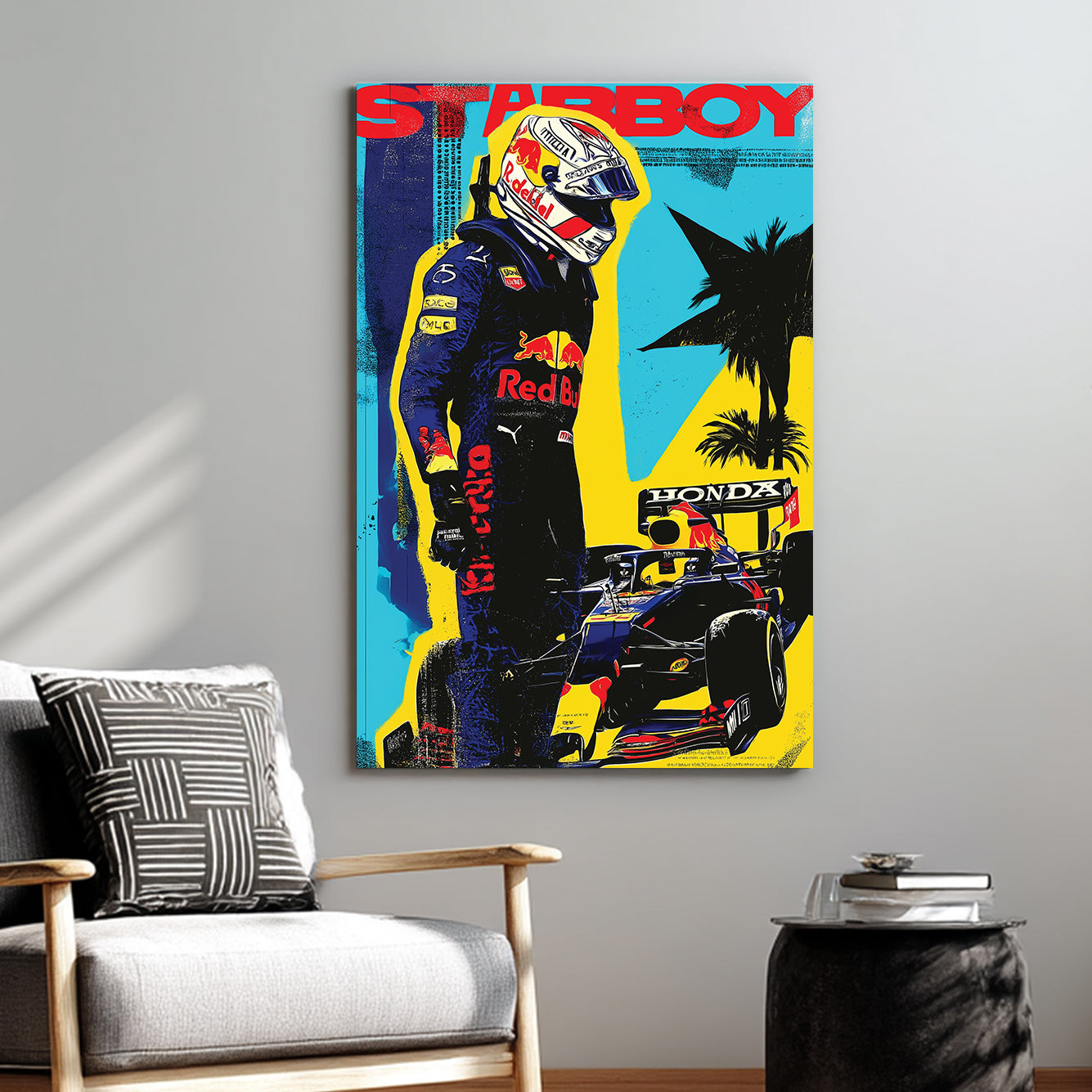Max Verstappen pop art racing wall art with Red Bull car and bold comic-style colours