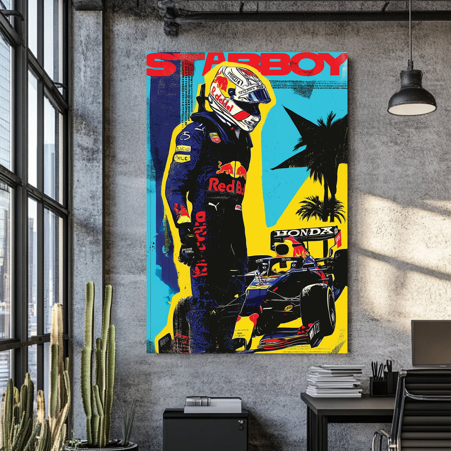 Max Verstappen pop art racing wall art with Red Bull car and bold comic-style colours