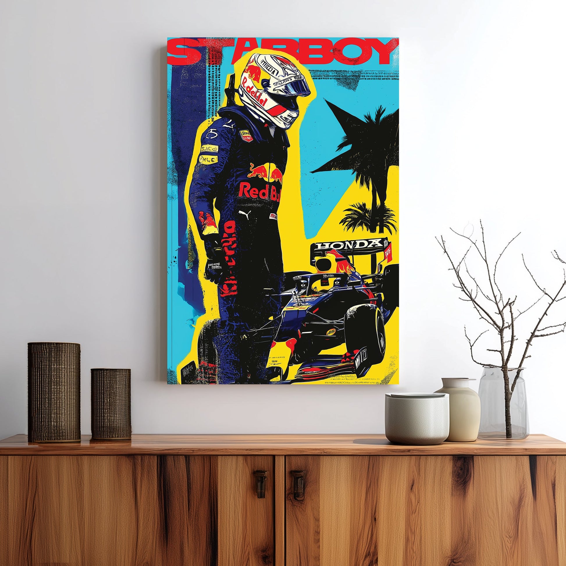 Max Verstappen pop art racing wall art with Red Bull car and bold comic-style colours
