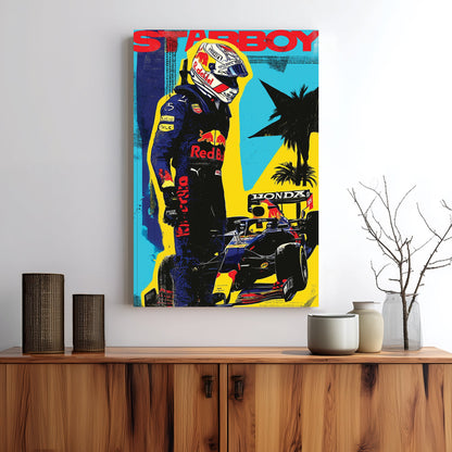 Max Verstappen pop art racing wall art with Red Bull car and bold comic-style colours