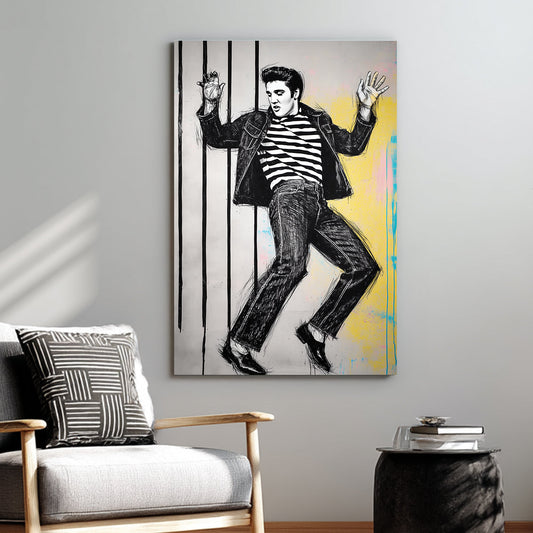 Elvis Presley black and white sketch wall art with striped shirt and bold yellow background