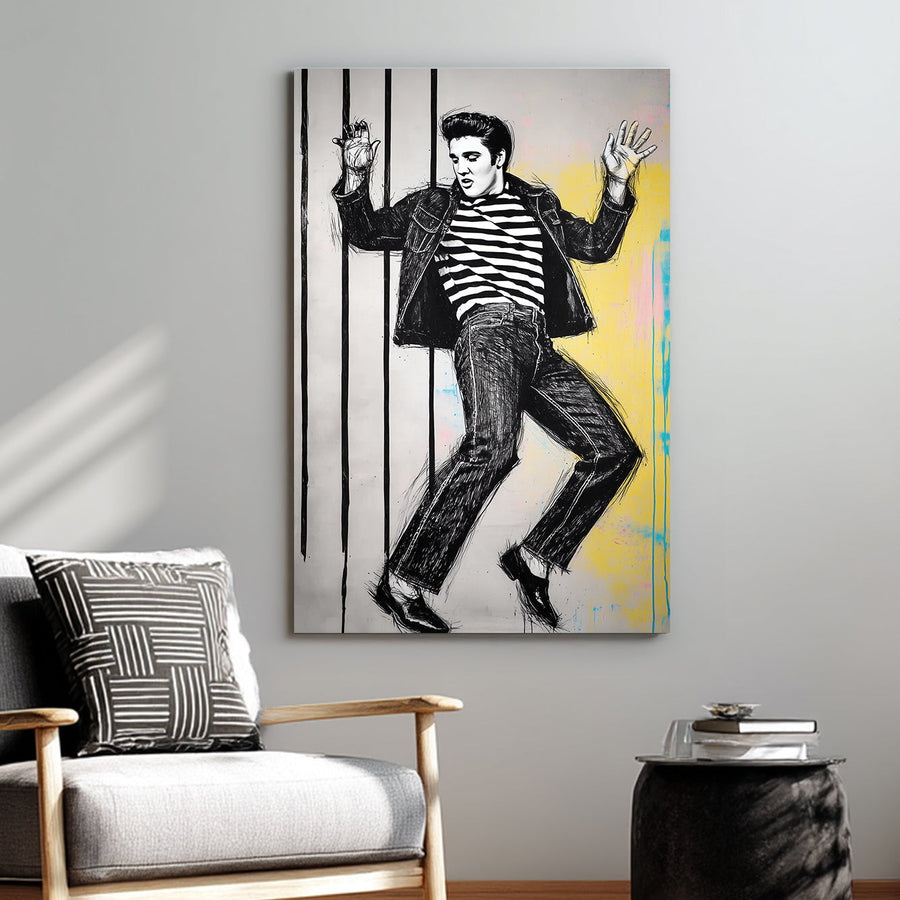 Elvis Presley black and white sketch wall art with striped shirt and bold yellow background