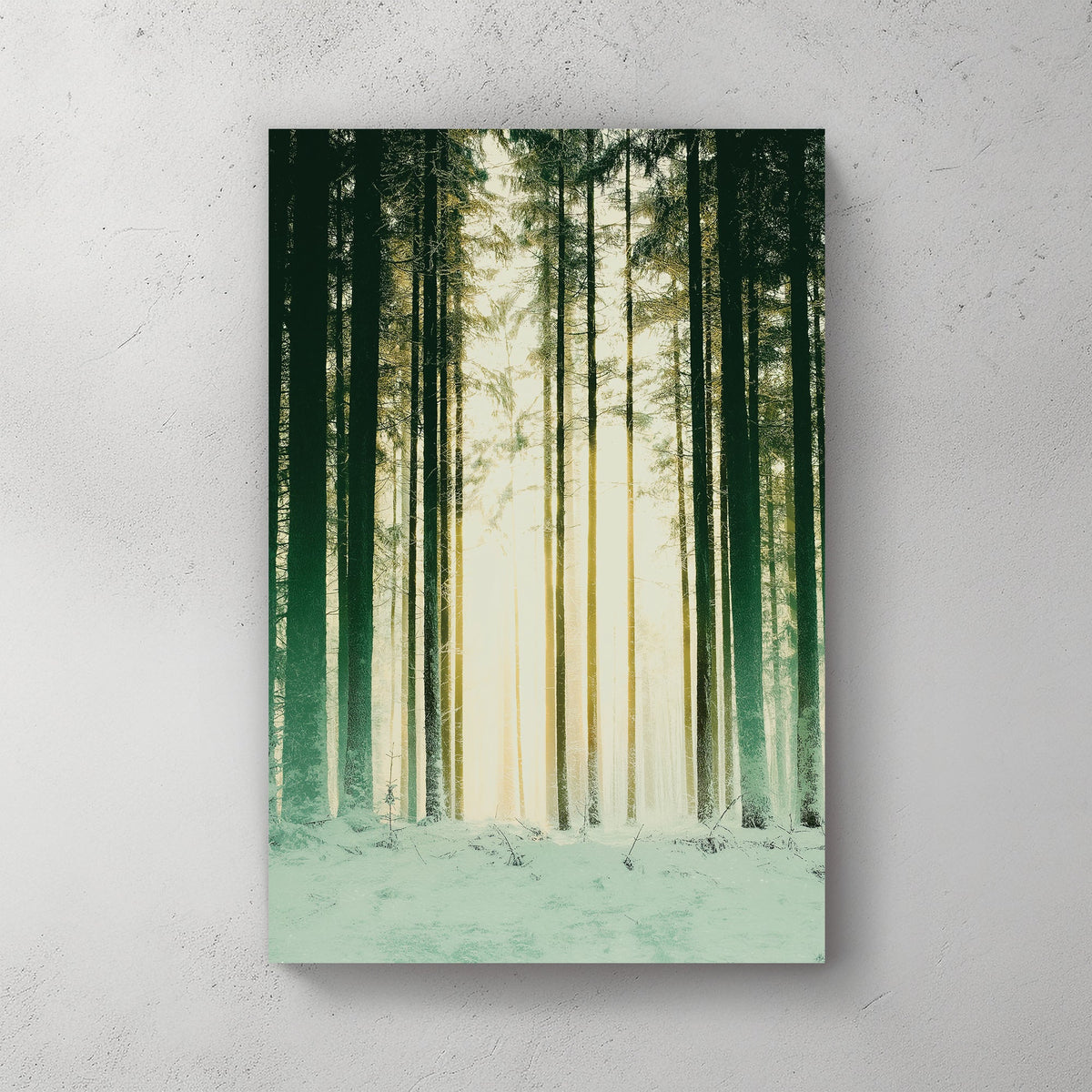 snowy forest with sunlight through pine trees wall art