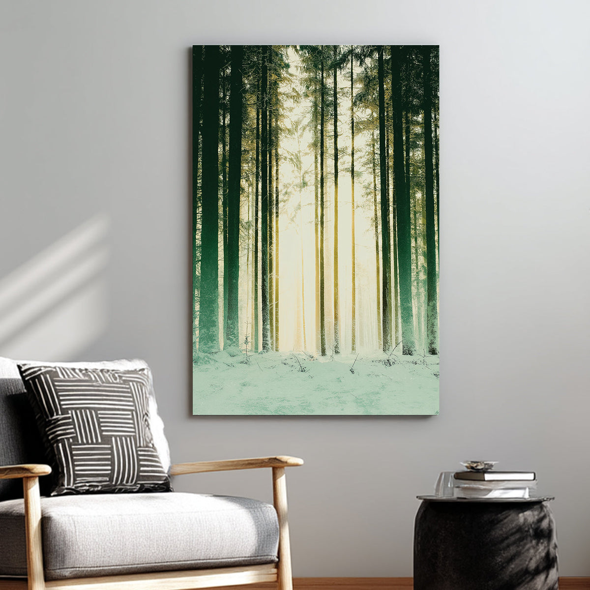 snowy forest with sunlight through pine trees wall art