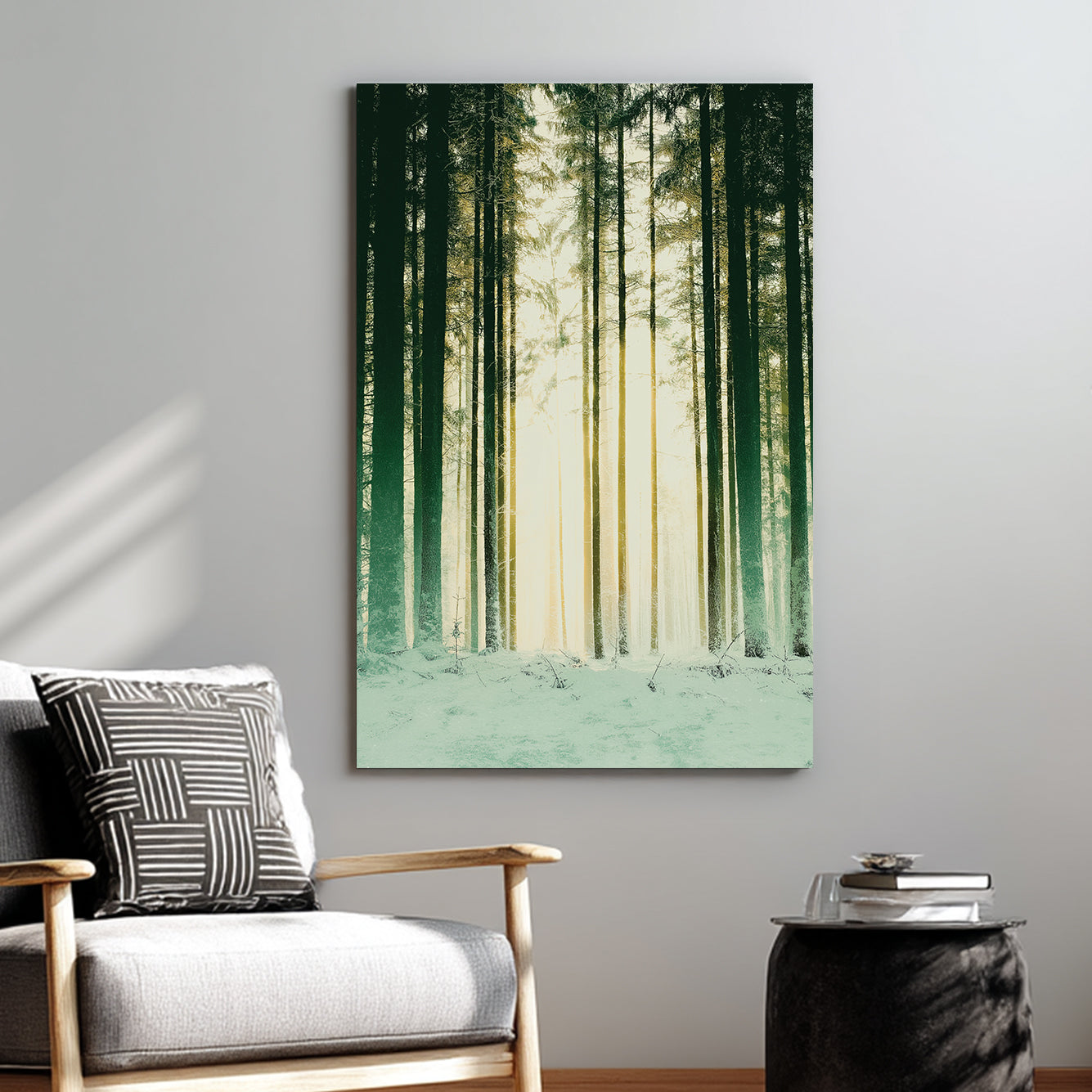 snowy forest with sunlight through pine trees wall art