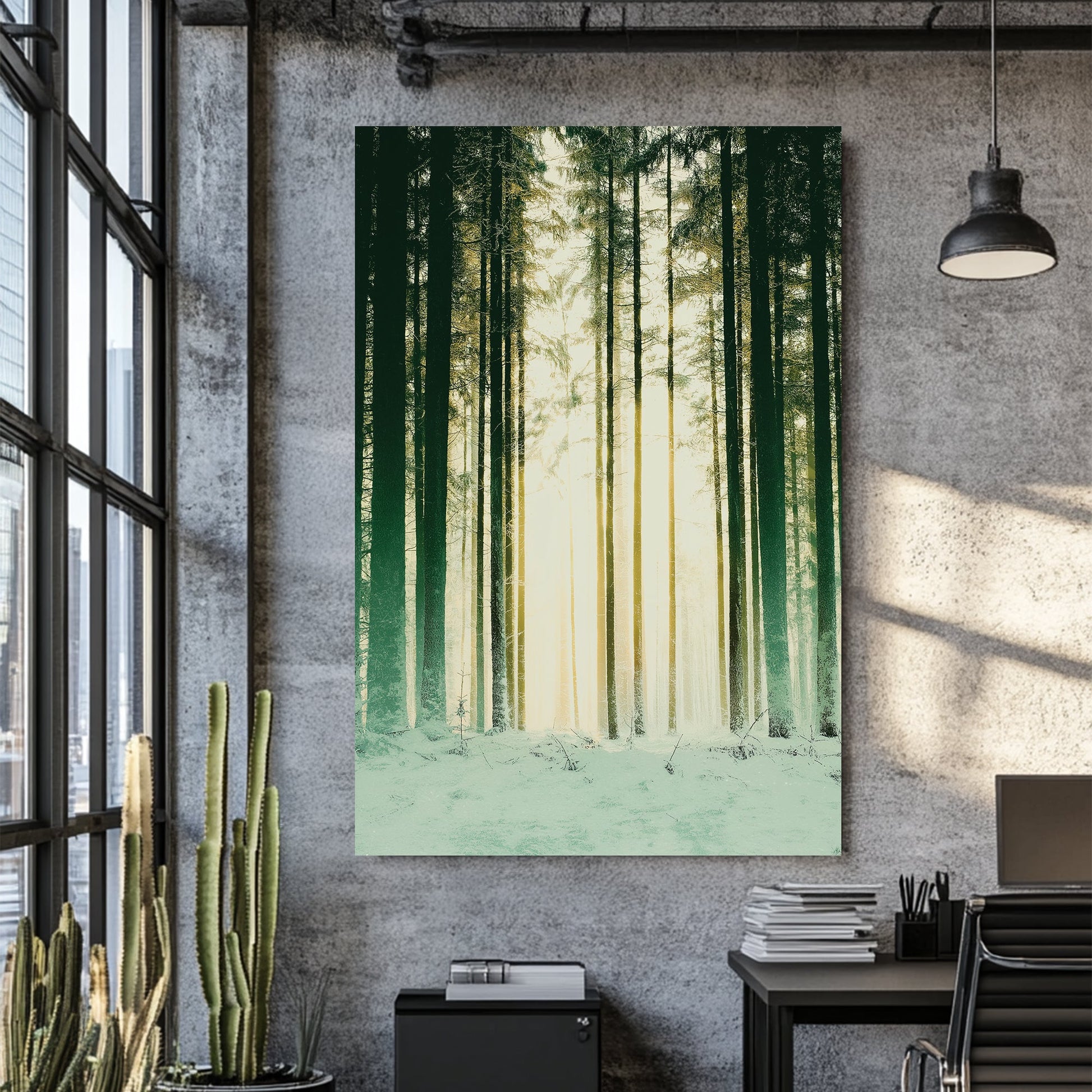 snowy forest with sunlight through pine trees wall art