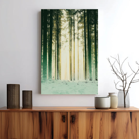 snowy forest with sunlight through pine trees wall art