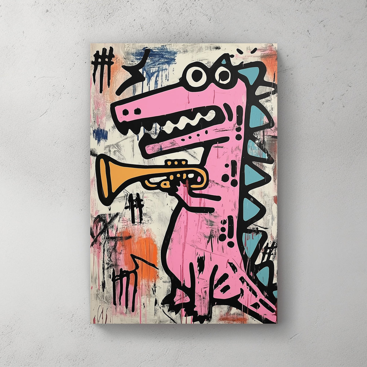 pink dinosaur graffiti trumpet wall art