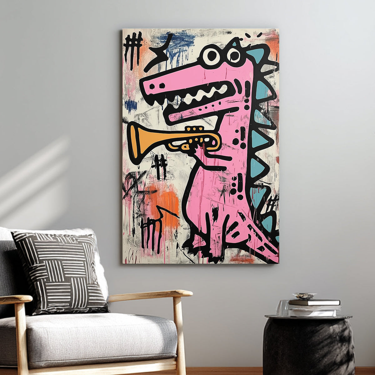 pink dinosaur graffiti trumpet wall art