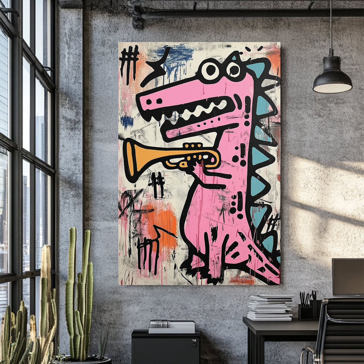 pink dinosaur graffiti trumpet wall art