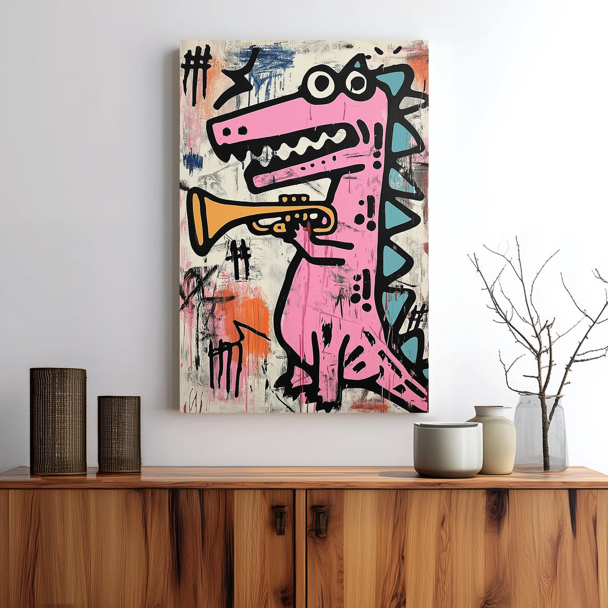 pink dinosaur graffiti trumpet wall art