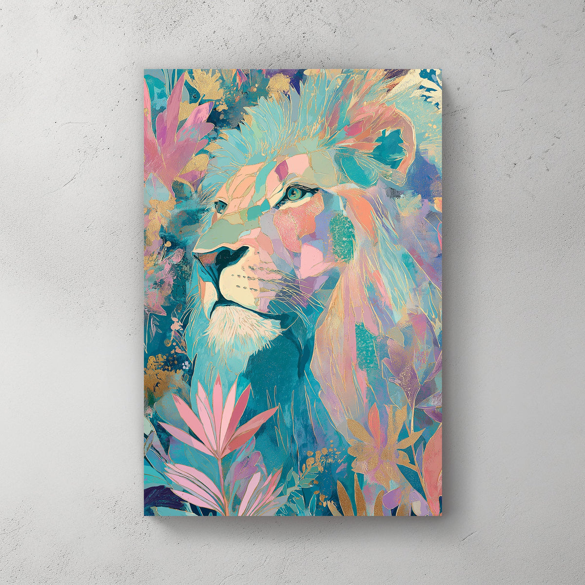 colourful lion surrounded by leaves wall art
