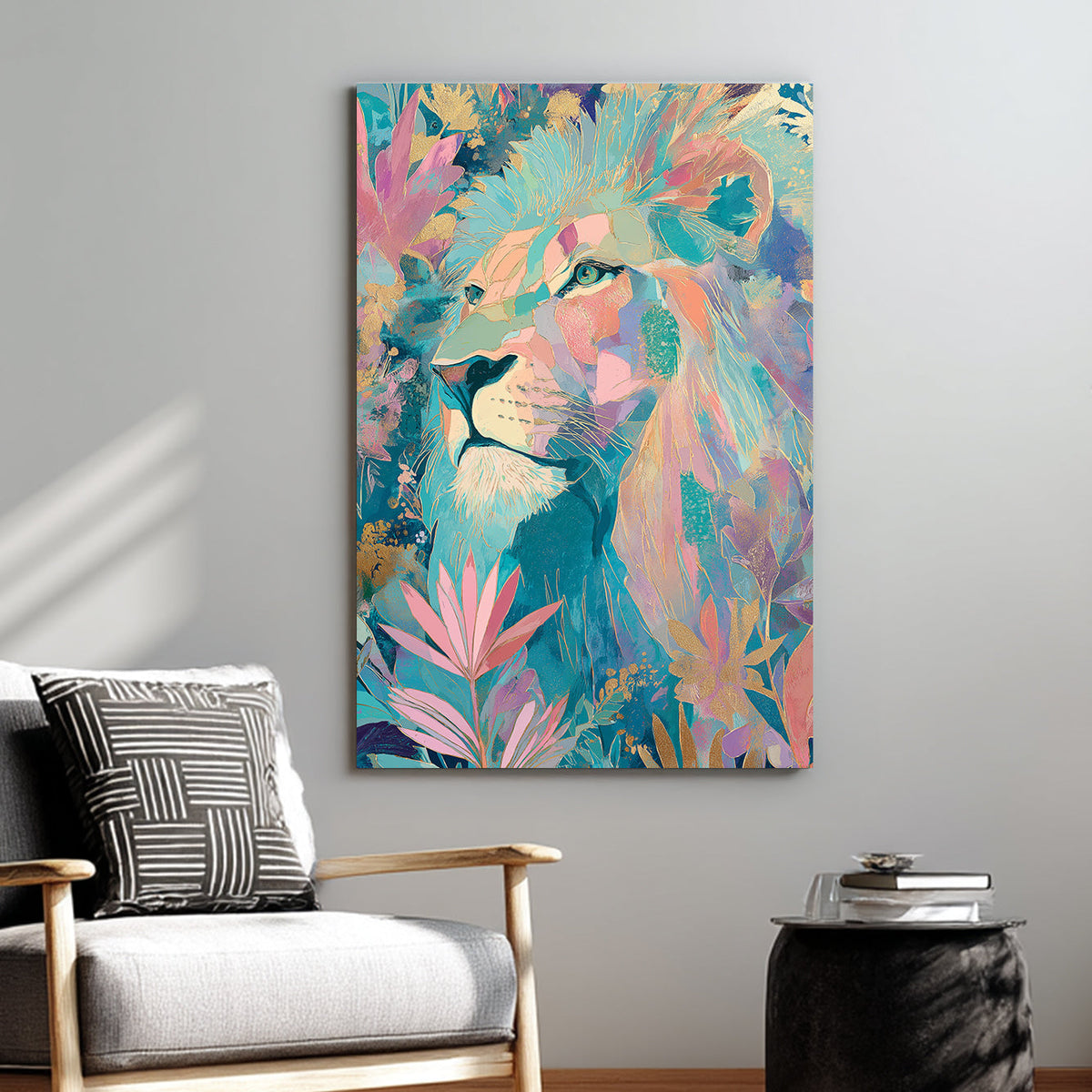 colourful lion surrounded by leaves wall art