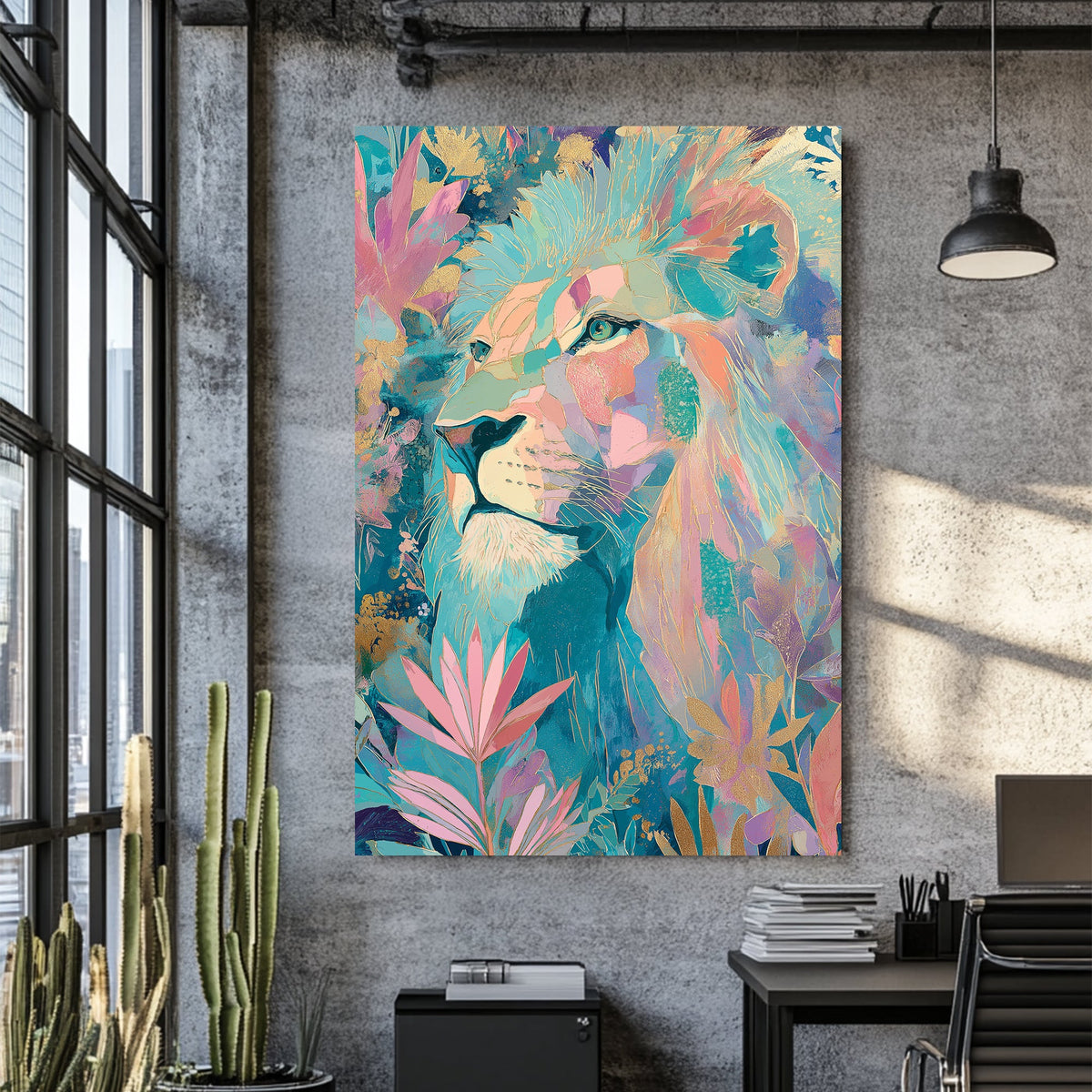 colourful lion surrounded by leaves wall art