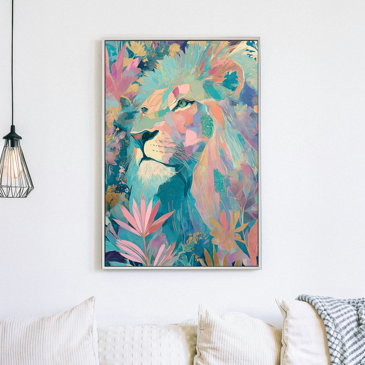 colourful lion surrounded by leaves wall art