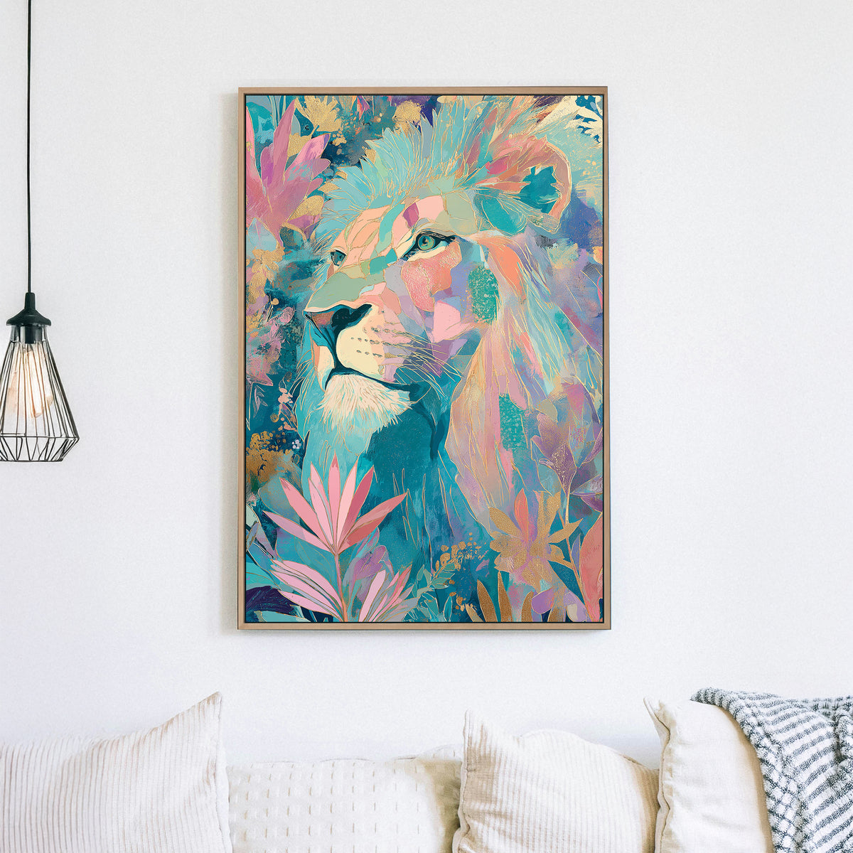 colourful lion surrounded by leaves wall art