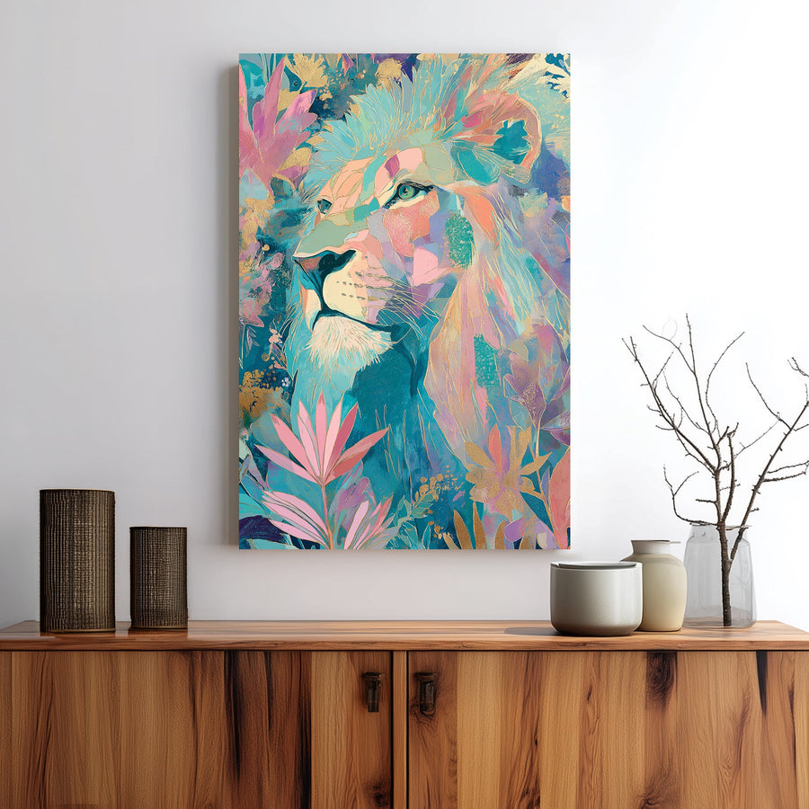 colourful lion surrounded by leaves wall art