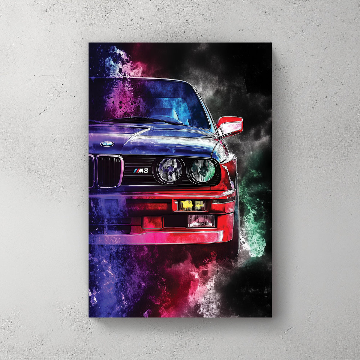 bmw m3 sports car in neon colour explosion wall art