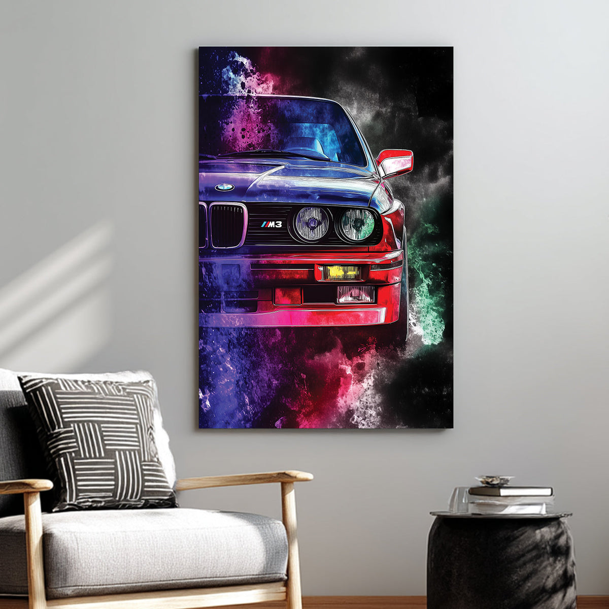 bmw m3 sports car in neon colour explosion wall art