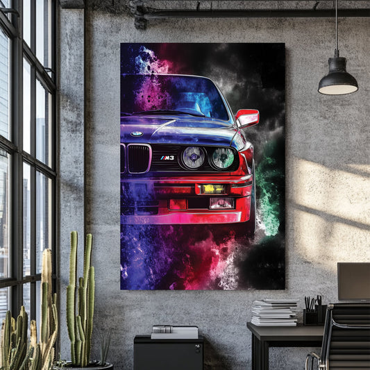 bmw m3 sports car in neon colour explosion wall art