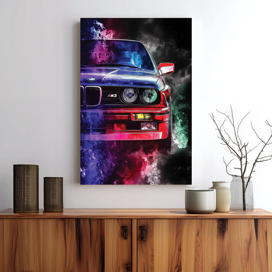 bmw m3 sports car in neon colour explosion wall art