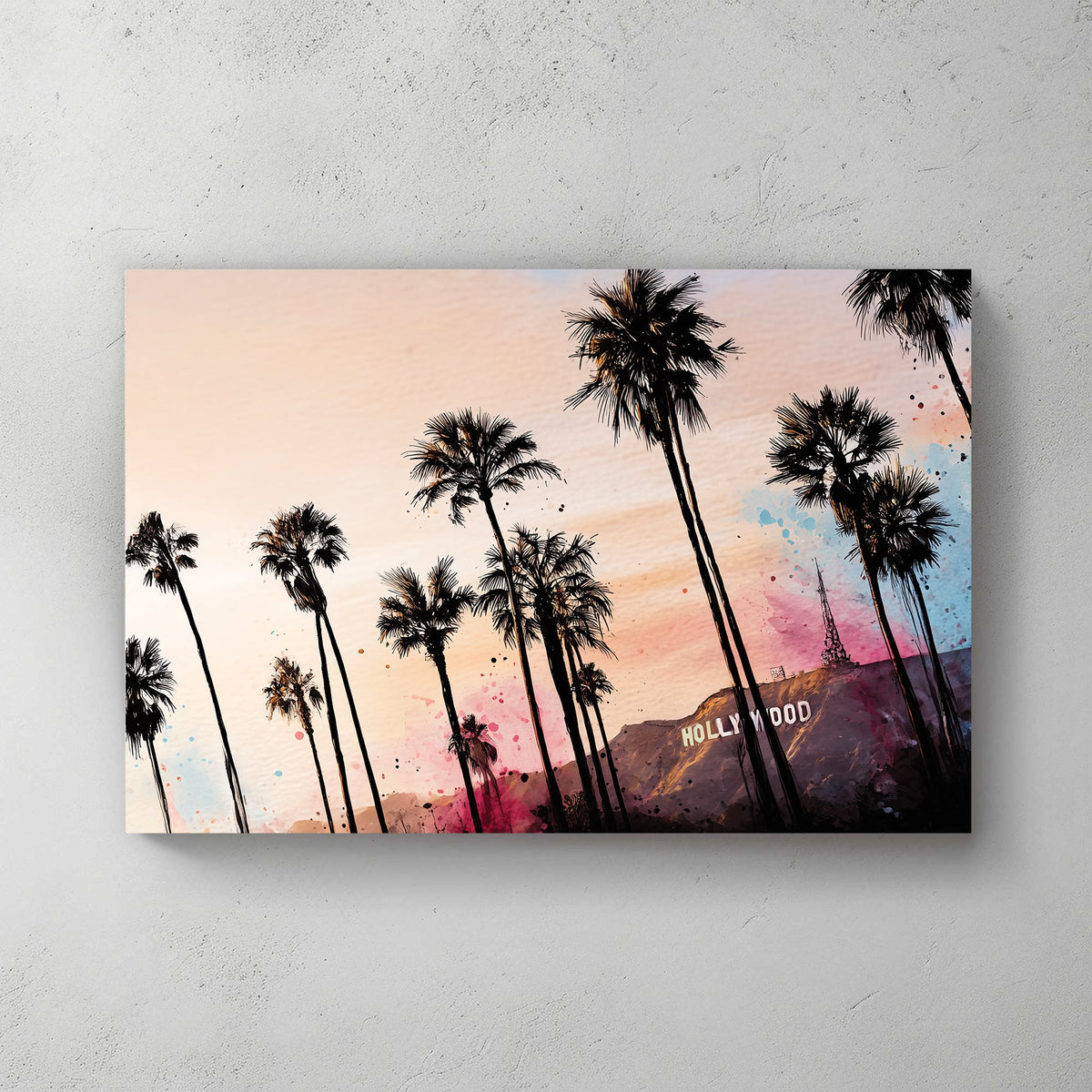 hollywood sign with palm trees pop art sunset