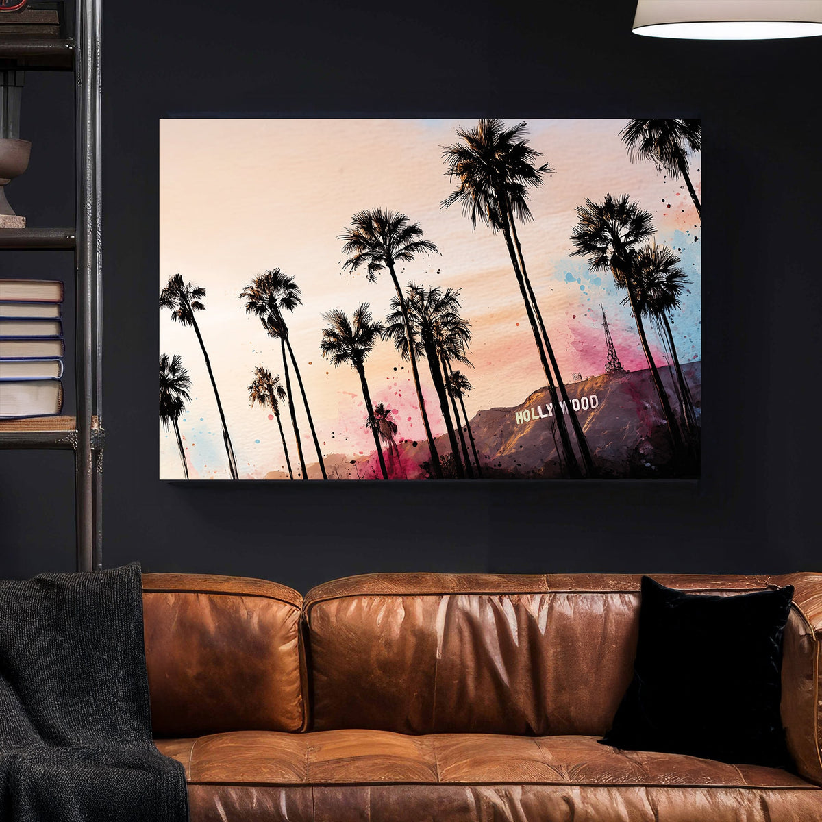 hollywood sign with palm trees pop art sunset