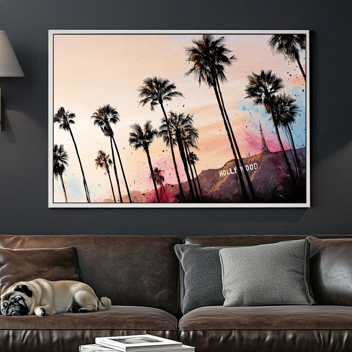hollywood sign with palm trees pop art sunset