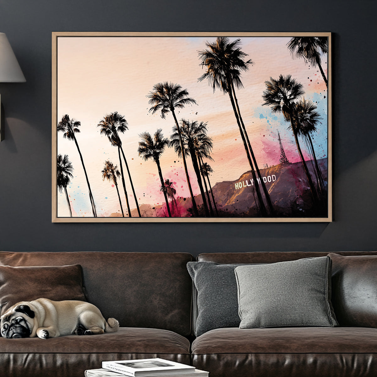 hollywood sign with palm trees pop art sunset