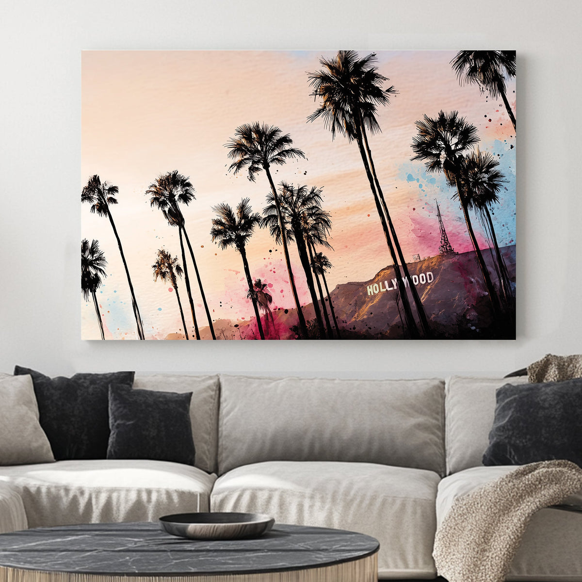 hollywood sign with palm trees pop art sunset
