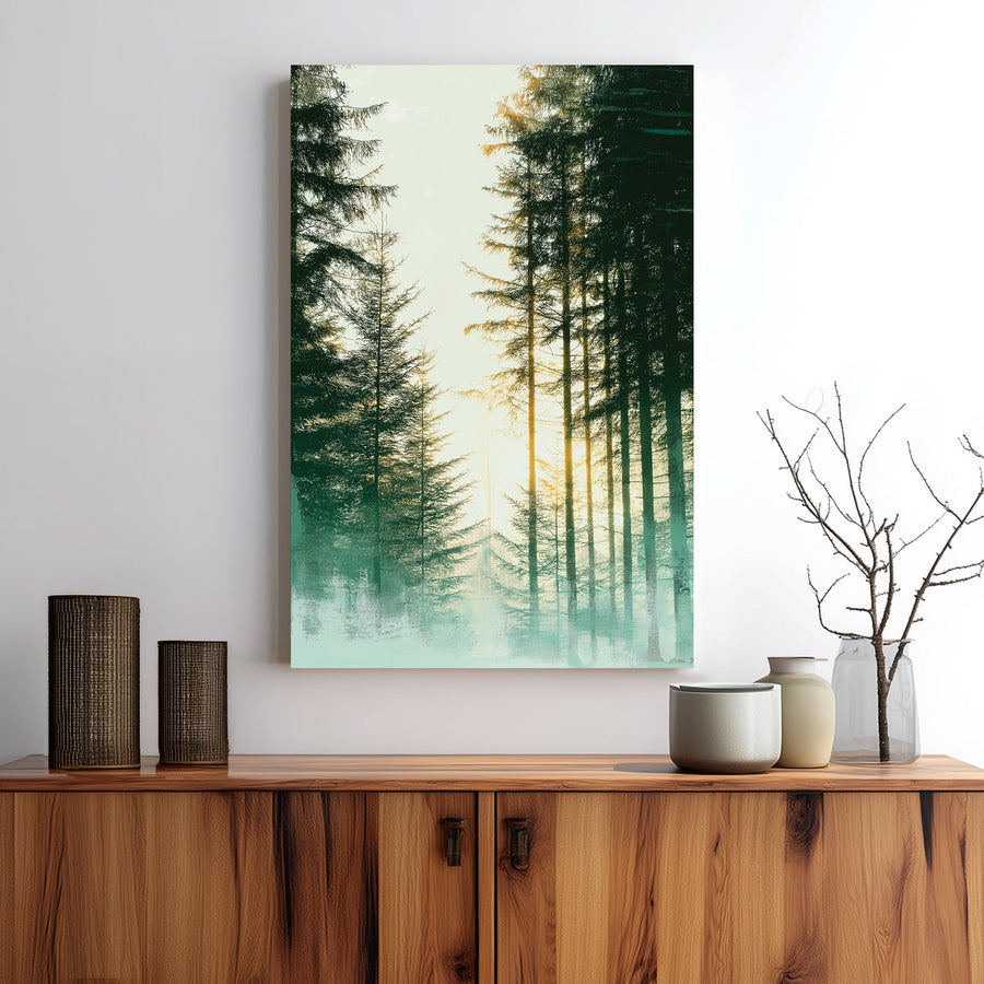 misty forest pine trees wall art with morning sunlight
