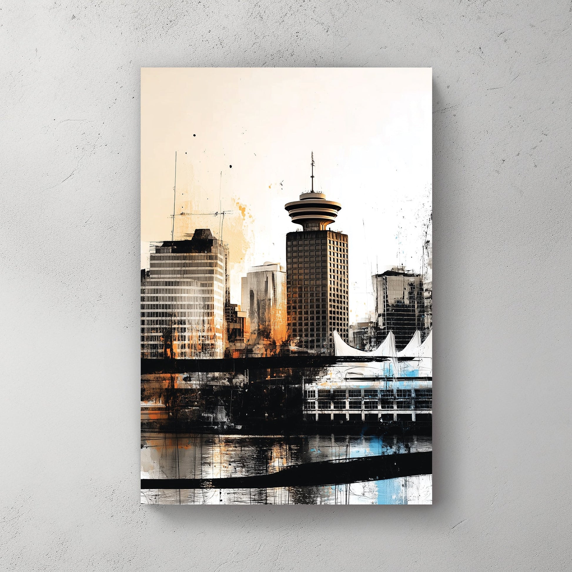 gritty Vancouver skyline wall art with Harbour Centre and Canada Place