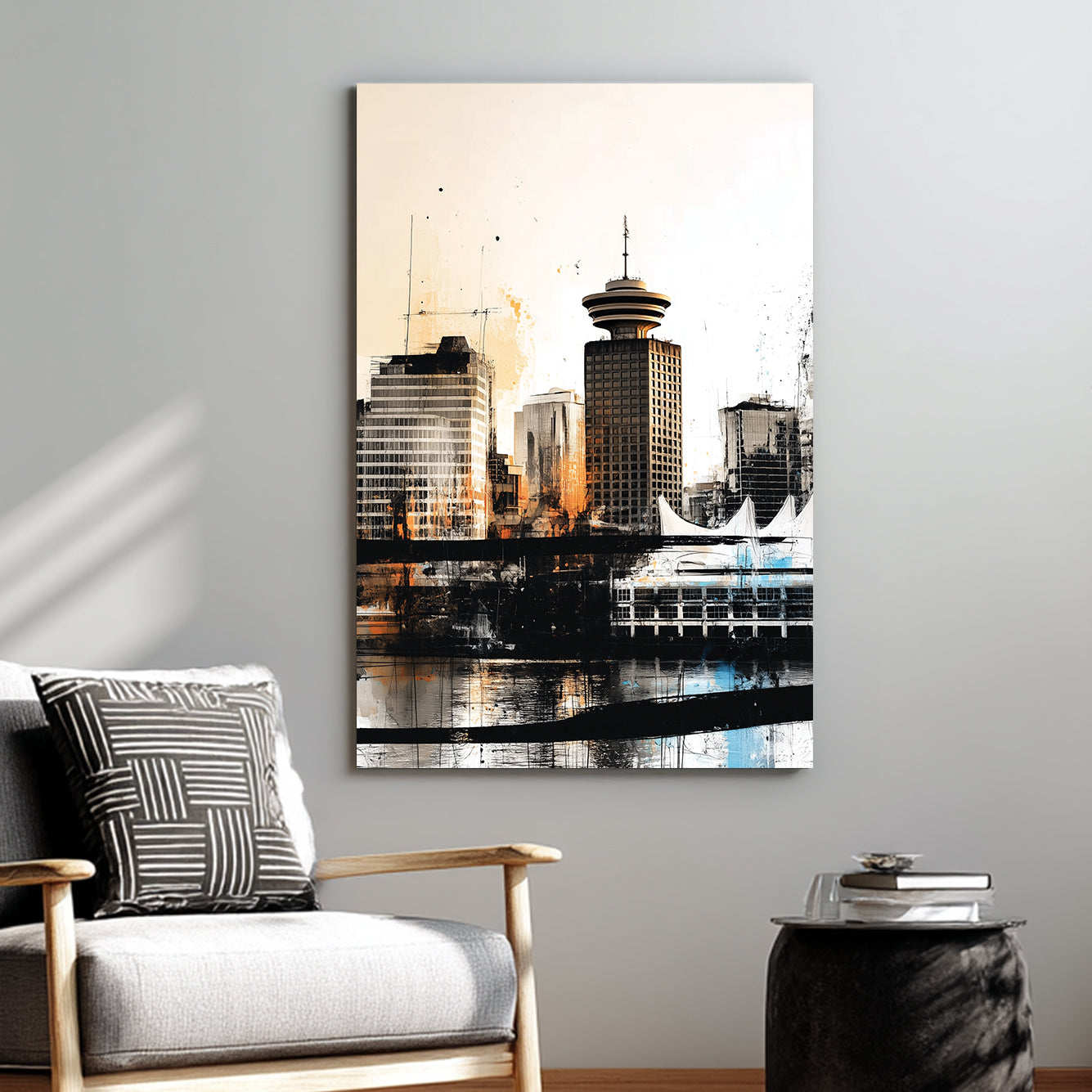 gritty Vancouver skyline wall art with Harbour Centre and Canada Place