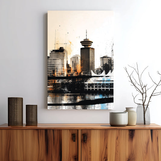 gritty Vancouver skyline wall art with Harbour Centre and Canada Place