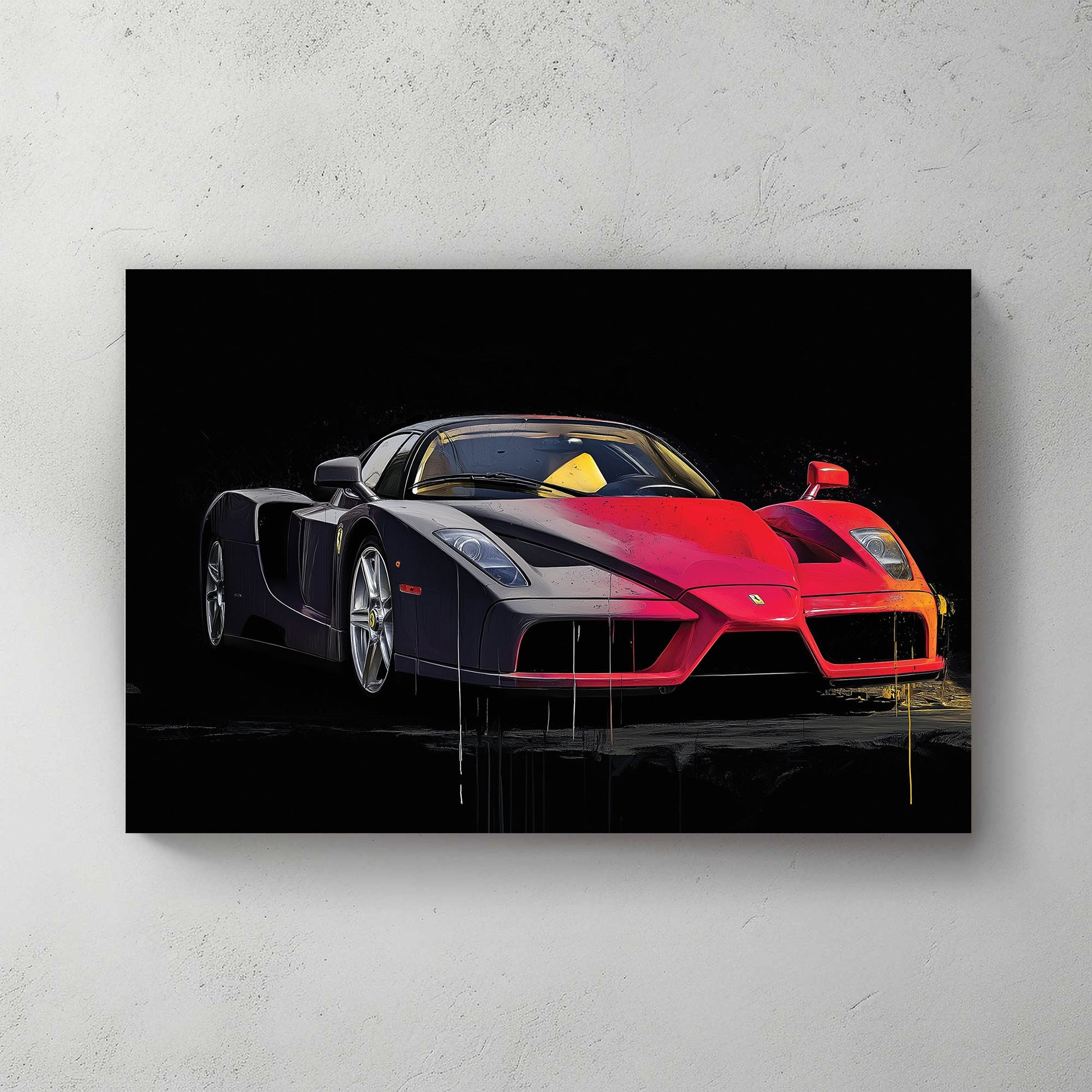 Enzo Ferrari supercar wall art with red and black background