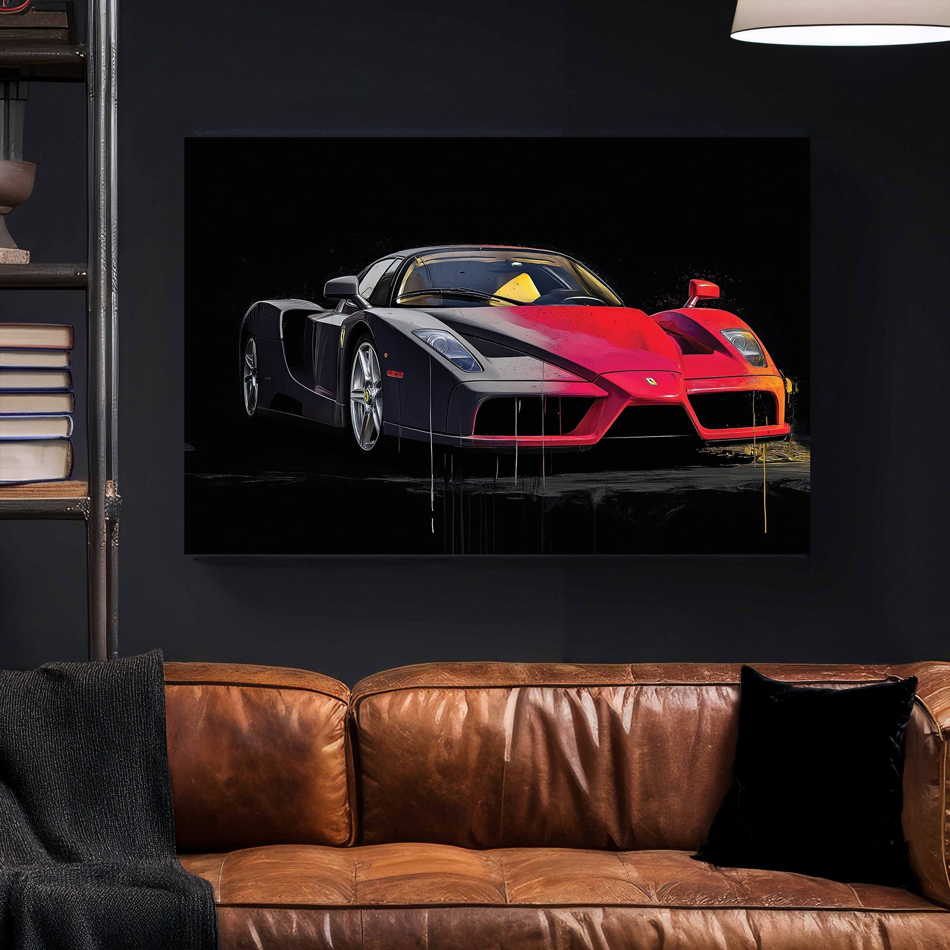 Enzo Ferrari supercar wall art with red and black background