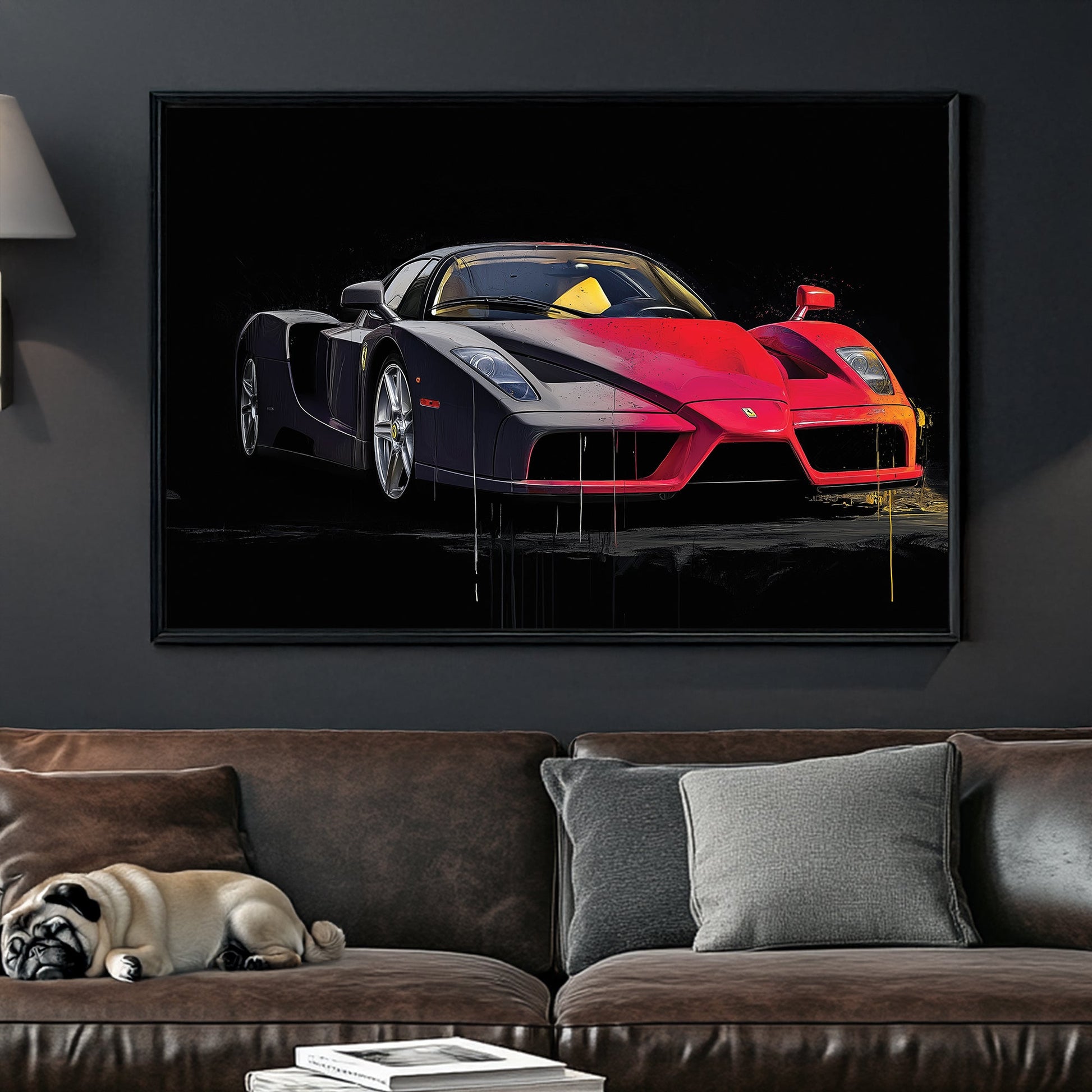 Enzo Ferrari supercar wall art with red and black background