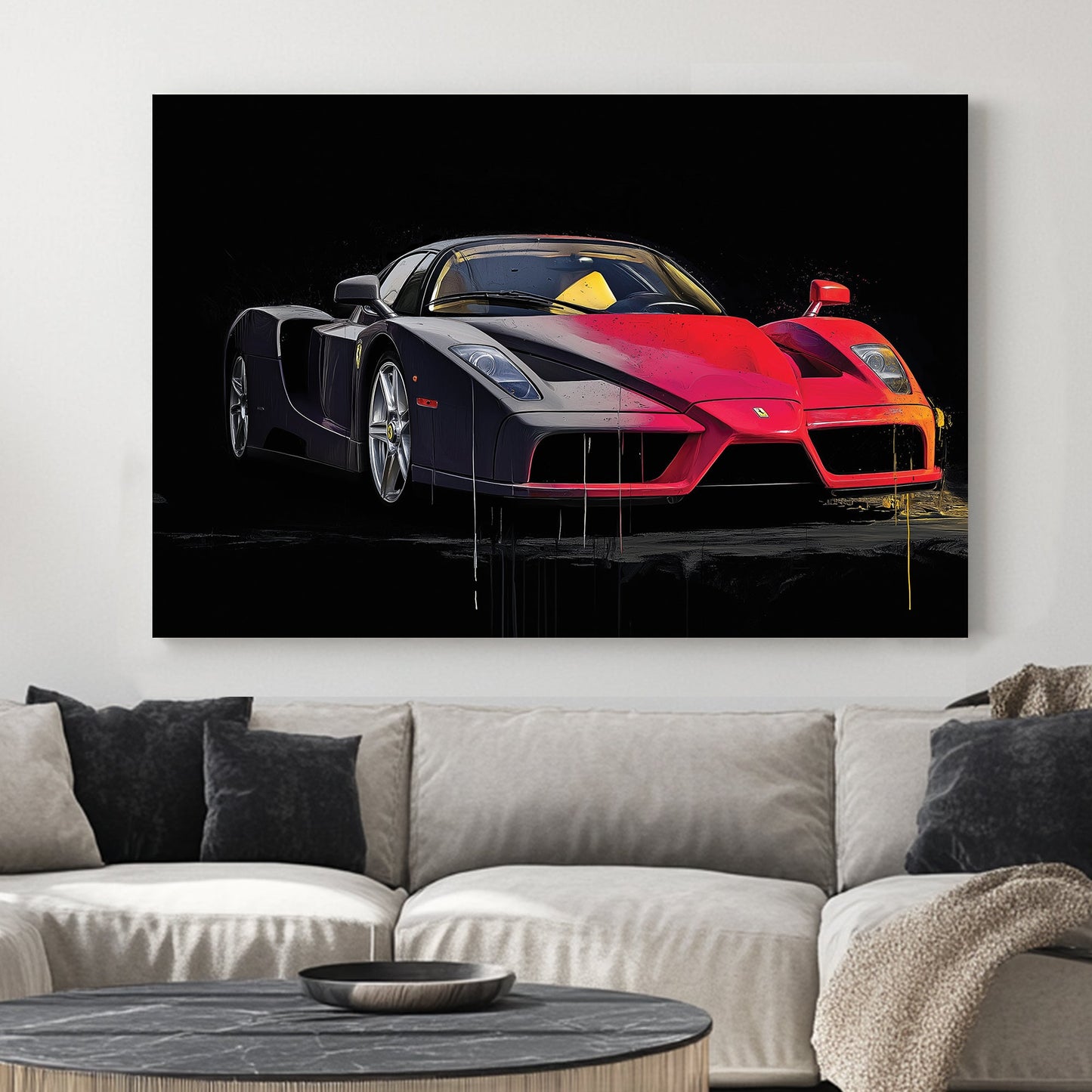 Enzo Ferrari supercar wall art with red and black background