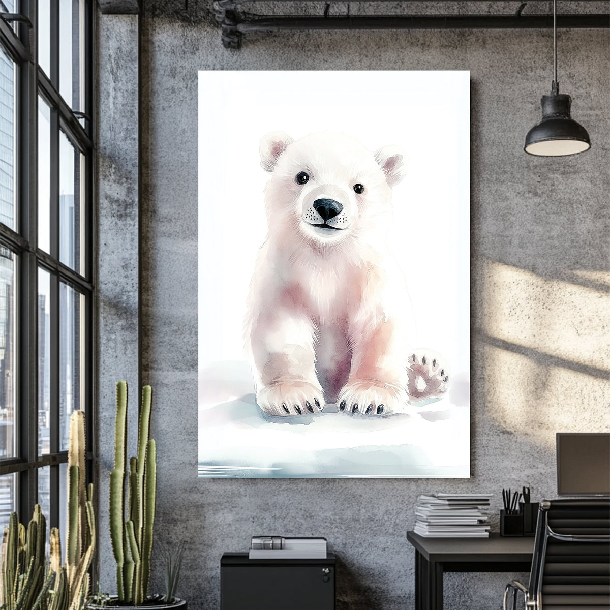 cute baby polar bear wall art in pastel watercolour style