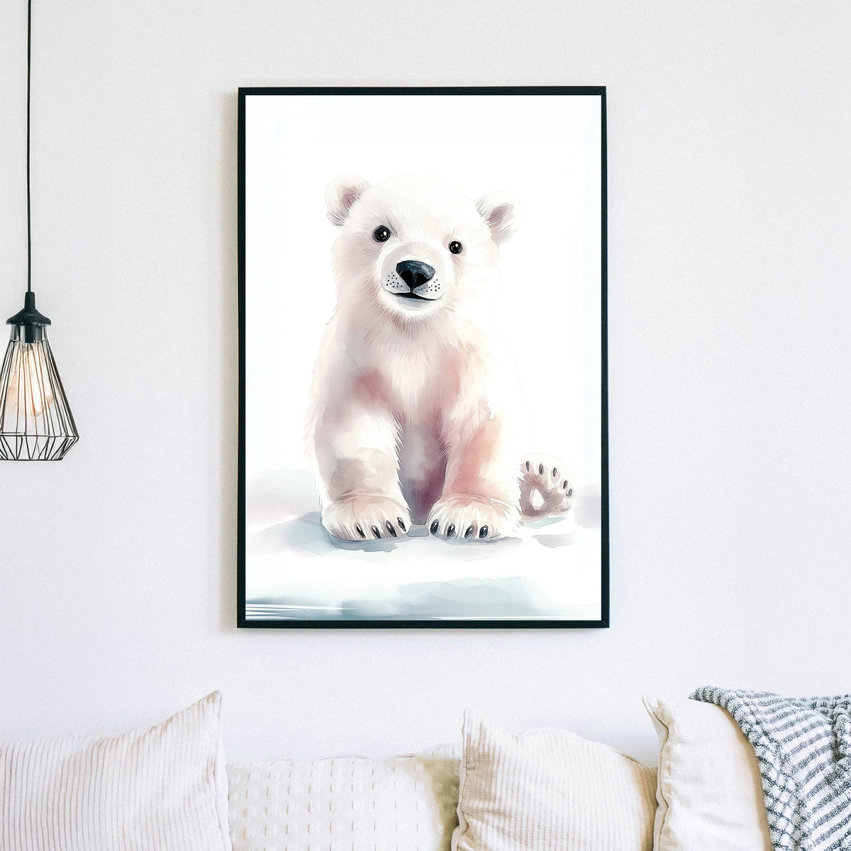cute baby polar bear wall art in pastel watercolour style