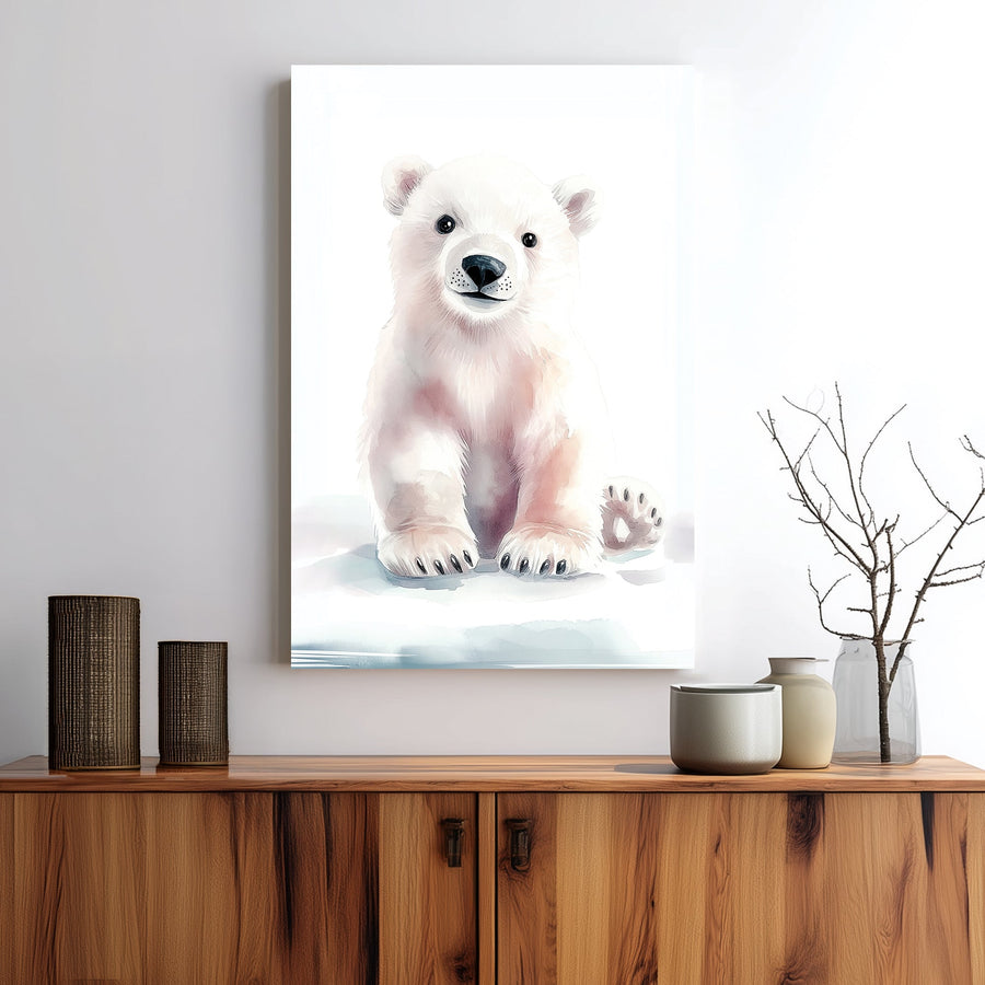 cute baby polar bear wall art in pastel watercolour style