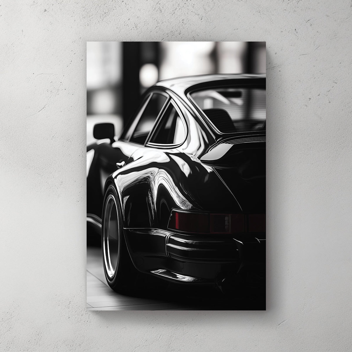 black and white Porsche wall art with vintage rear view close-up