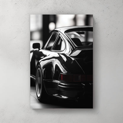 black and white Porsche wall art with vintage rear view close-up