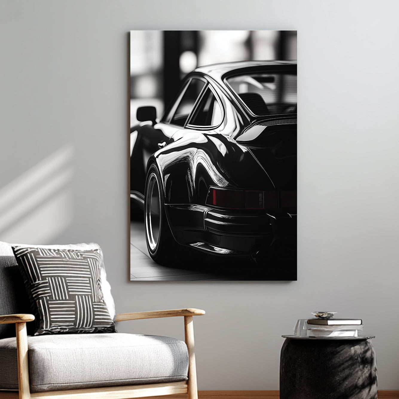black and white Porsche wall art with vintage rear view close-up