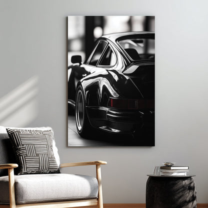 black and white Porsche wall art with vintage rear view close-up